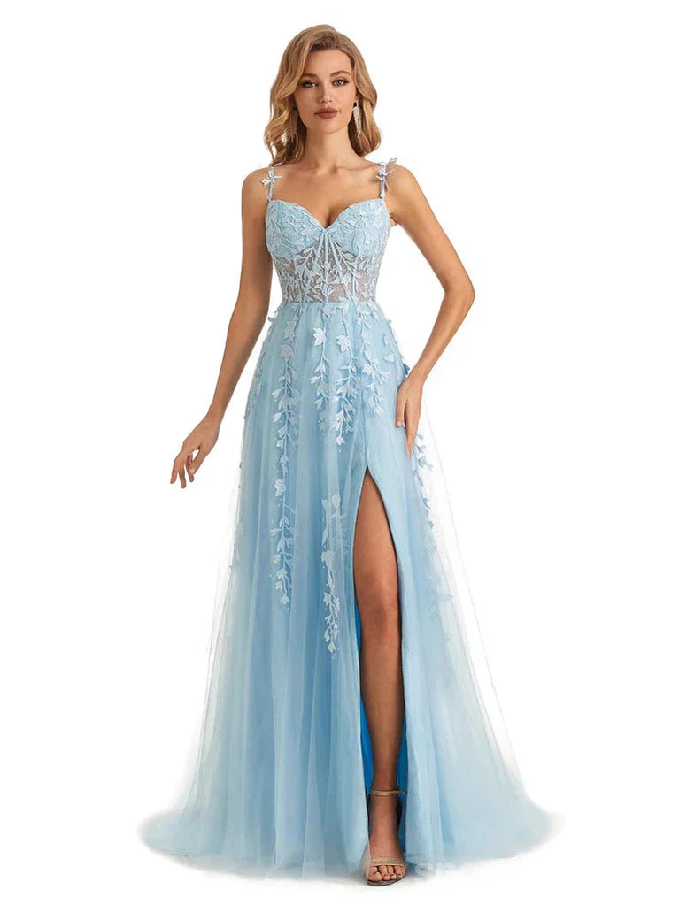 Evening dress with asymmetrical hem-Blue A-line Spaghetti Straps V-neck High Slit Cheap Long Prom Dresses,12863