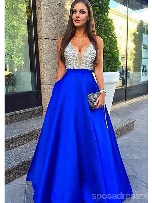 Evening dress with lace-Blue A-line V-neck Cheap Long Prom Dresses Online,Dance Dresses,12909