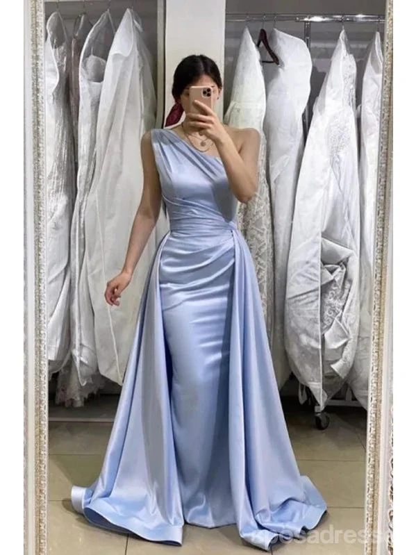 Evening dress with tulle-Blue Mermaid One Shoulder Cheap Long Prom Dresses, Evening Party Dresses,12892