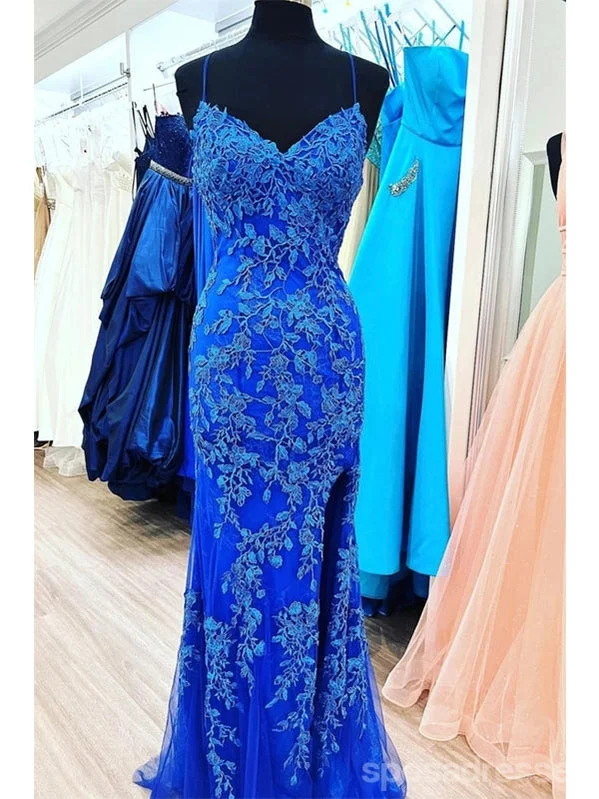 Black evening dress-Blue Mermaid Spaghetti Straps Cheap Long Prom Dresses,Evening Party Dresses,12872