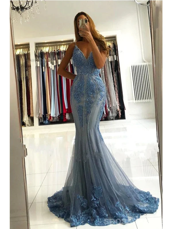 Evening dress with bow-Blue Mermaid Spaghetti Straps V-neck Cheap Long Prom Dresses Online,12861