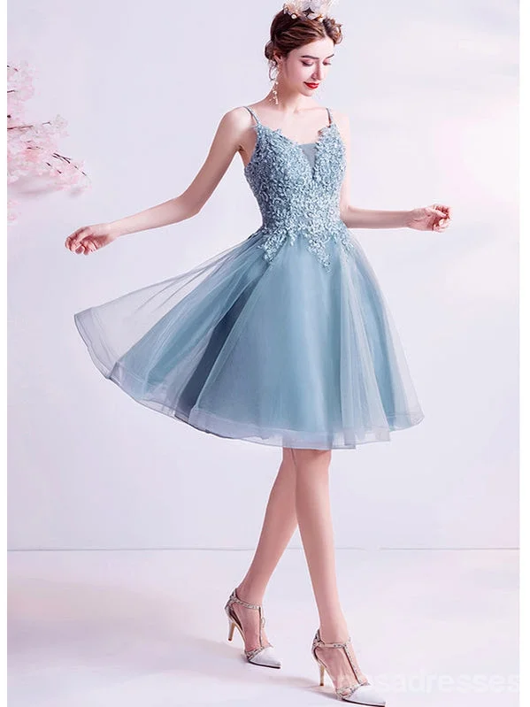 Evening dress with statement sleeves-Blue Spaghetti Straps Short Homecoming Dresses,Cheap Short Prom Dresses,CM890