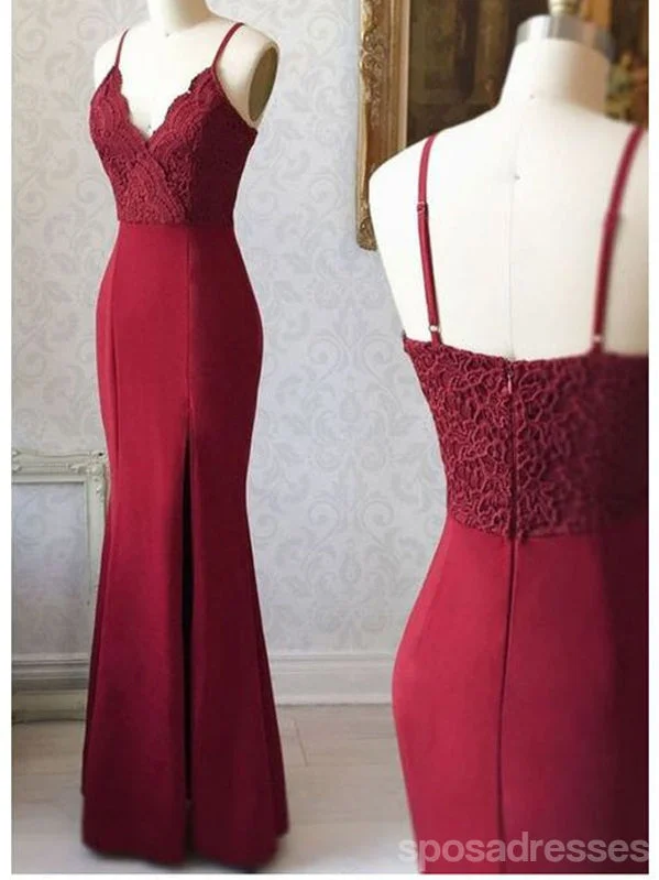 Evening dress with beaded details-Burgundy Mermaid Spaghetti Straps Cheap Long Prom Dresses,12932