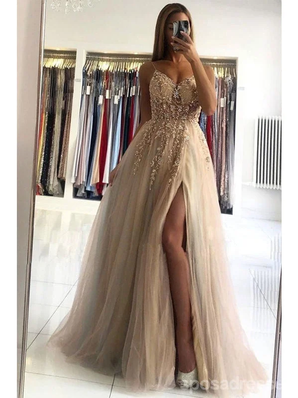 Two-piece evening dress-Champagne A-line Spaghetti Straps High Slit Cheap Long Prom Dresses Online,12875