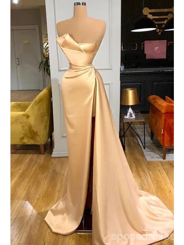 Evening dress with sleeves-Champagne Mermaid Sweetheart High Slit Cheap Long Prom Dresses,12895