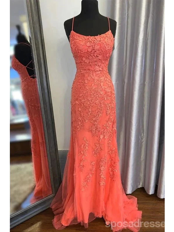 Evening dress with peplum-Coral Mermaid Spaghetti Straps Backless Cheap Long Prom Dresses,12902