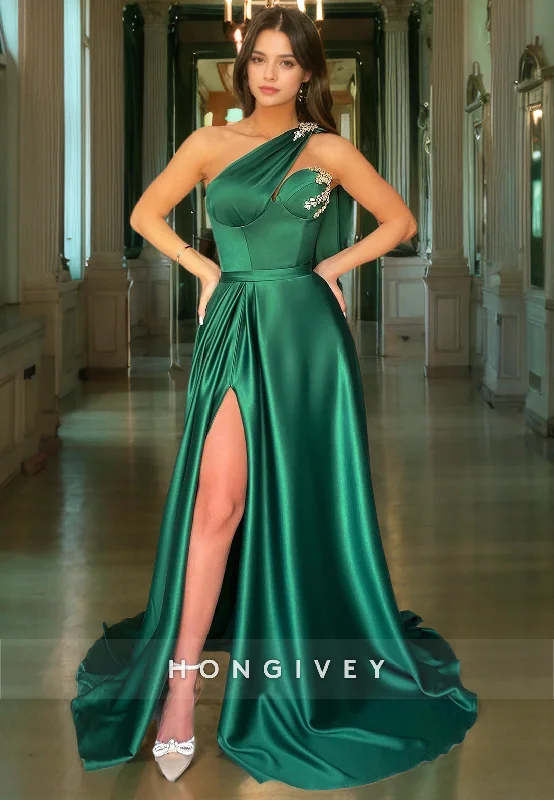 Gold evening dress-One Shoulder Satin A-Line Sleeveless Appliques With Side Slit Train Casual Party Prom Evening Dress