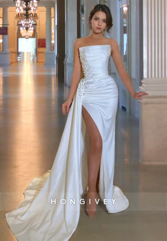 Evening dress with sweetheart neckline-Beaded Embellished Strapless High Slit With Train Party Evening  Prom Dress