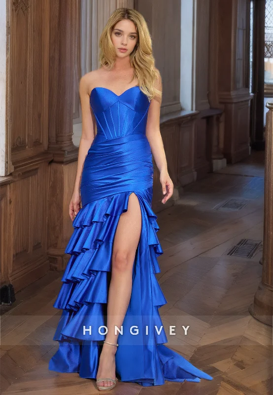 Metallic evening dress-HONGIVEY Tiered Mermaid Evening Dress Side Slit Ruched Floor Length Prom Gown