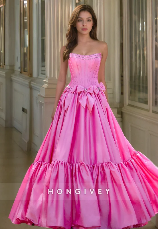 Vintage evening dress-HONGIVEY Pink Bows A-Line Prom Gown Birthday Party Wear Homecoming Quinceanera Dresses