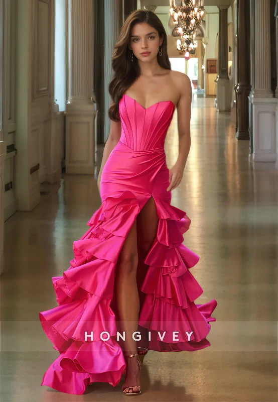 Blue evening dress-HONGIVEY Fuchsia Tiered Prom dress with Train Sweetheart Long Party Gown