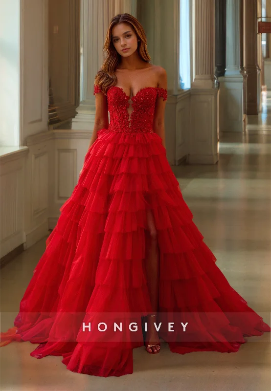 Classic evening dress-HONGIVEY Red A-Line Tiered Tulle Prom Gown Off-Shoulder Slit Sweetheart Formal Party Dress