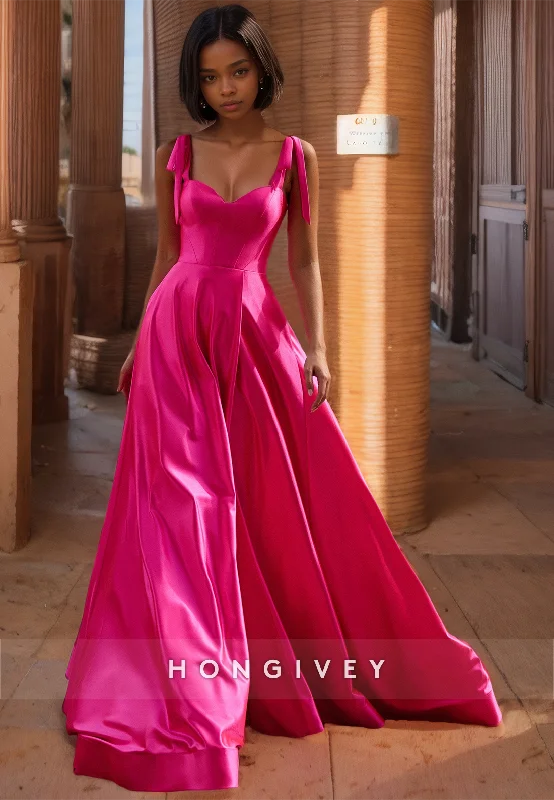 Evening dress for black tie-HONGIVEY Straps A-Line Prom dress Fuchsia Simple Satin Evening Dress with Train