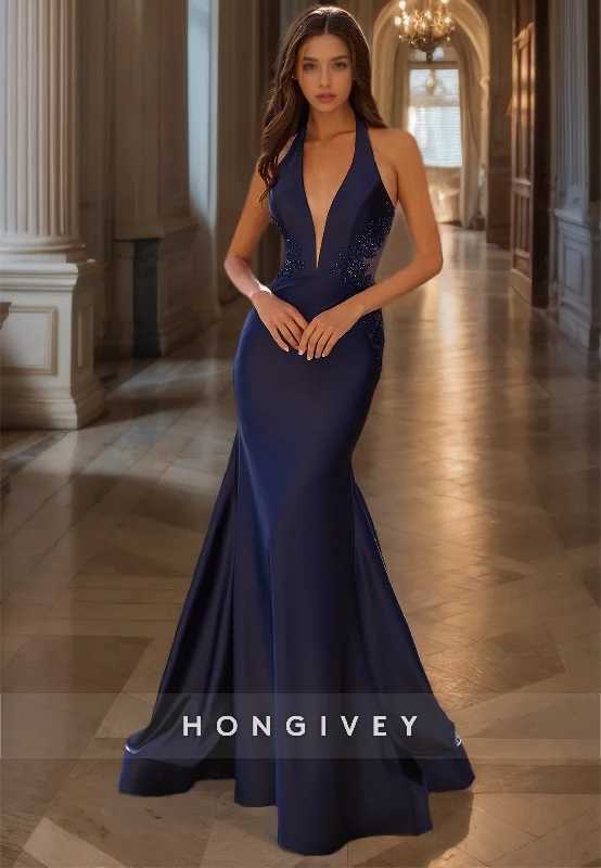 Evening dress for parties-HONGIVEY Sexy V-Neck Mermaid Evening Dress with Train Fitted Satin Prom Gown