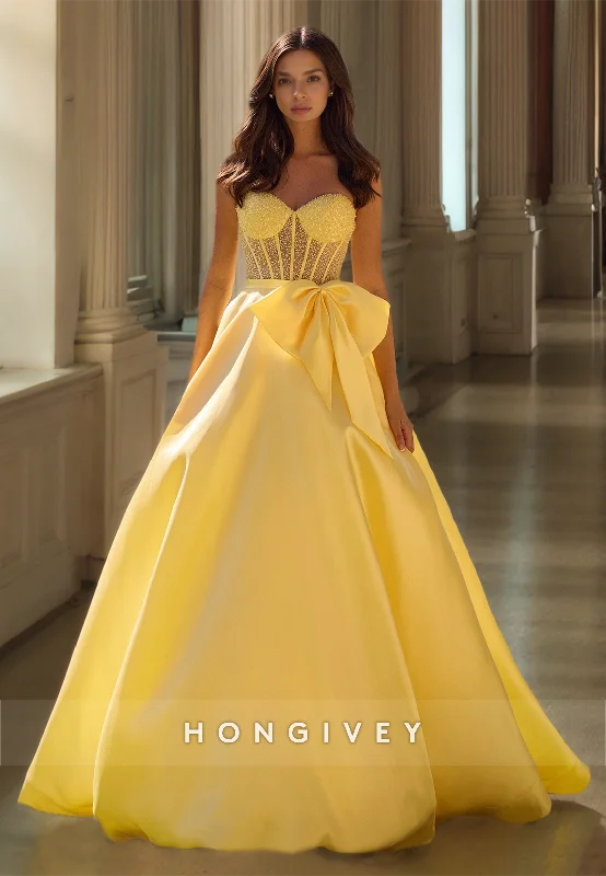 Evening dress with beaded details-HONGIVEY Sweetheart Bow Prom Gown A-Line Evening Dress Yellow Quinceanera Dresses