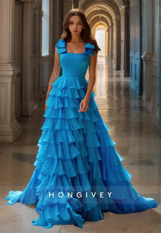 Evening dress with cap sleeves-HONGIVEY Blue Tiered Tulle A-Line Prom Gown Classic Square Floor Length Evening Dress