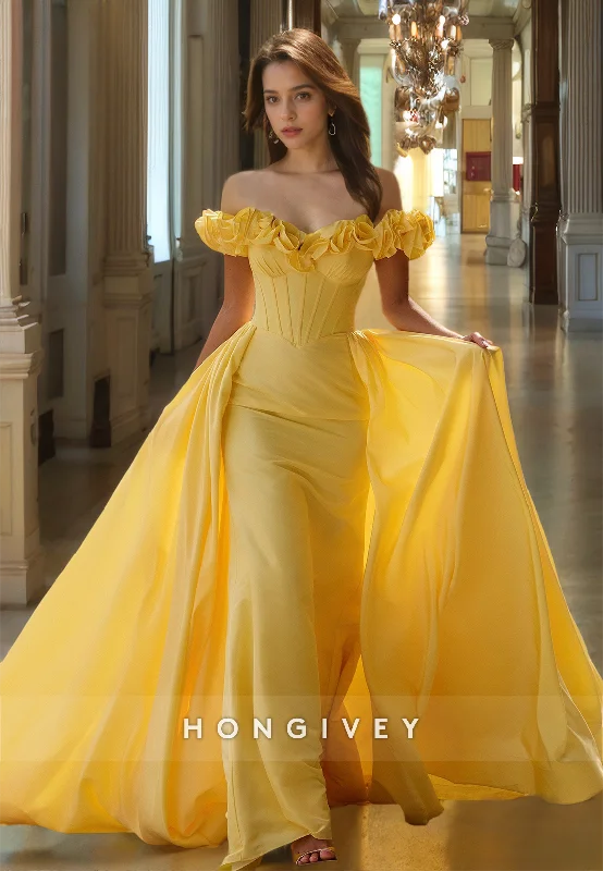 Evening dress with corset bodice-HONGIVEY Off-Shoulder Yellow Evening Dress Elegant 2024 Formal Party Gown with Train