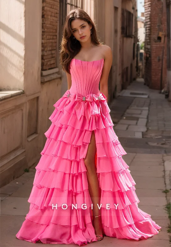 Evening dress with draped bodice-HONGIVEY Pink Strapless A-Line Prom Gown Tiered Ruched Long Party Dress with Side Slit