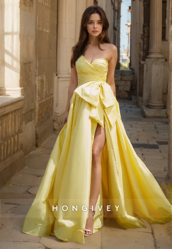 Evening dress with empire waist-HONGIVEY Sweetheart A-Line Prom Gown with Bow Yellow Side Slit Formal Evening Dress