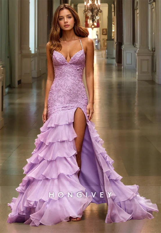 Evening dress with fitted bodice-HONGIVEY Luxury Lilac Mermaid Evening Dress Lace Applique Tiered Backless Prom Gown