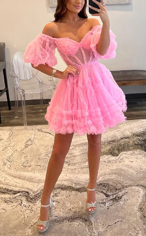 Evening dress with flared skirt-H1668 - Illusion Puff Sleeves Gown Cake Short Party Homecoming Graduation Dress