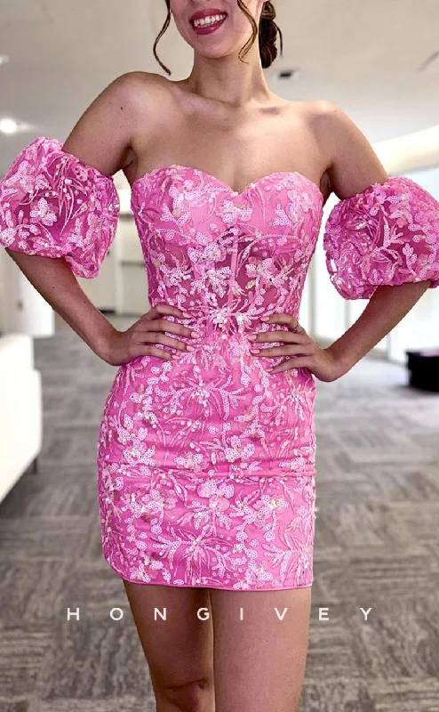 Evening dress with puff sleeves-H1953 - Sexy Fitted Strapless Sweetheart Strapless Puff Sleeves Gown Floral Appliqued Homecoming Dress