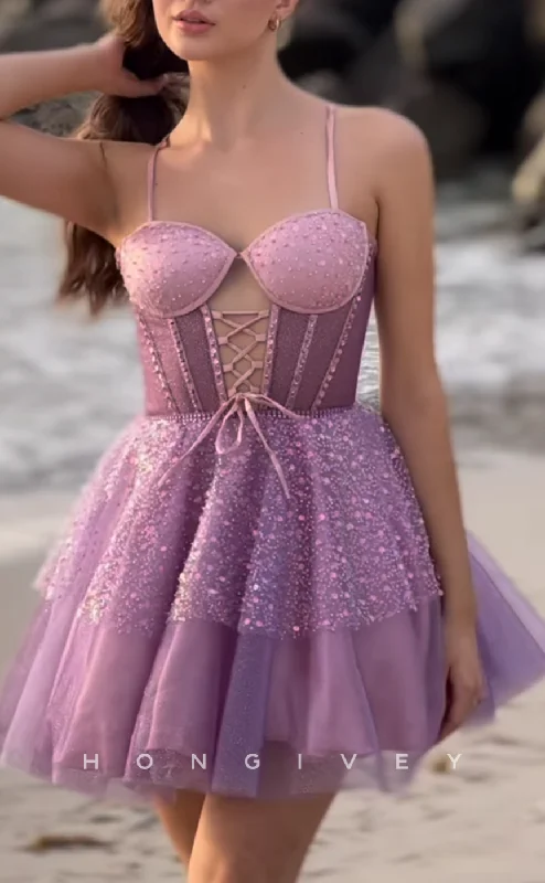 Evening dress with sequins-H2029 - Chic Glitter A-Line Sweetheart Spaghetti Straps Ball Gown Homecoming Dress