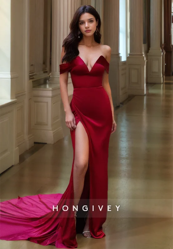 Evening dress with ruffled hem-L0931 - Sexy Red Long V-Neck High Slit With Train Evening Party Prom Dress