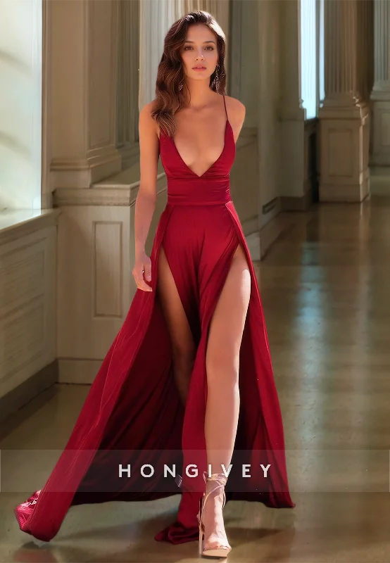 Evening dress with puff sleeves-L0932 - Sexy Red Long V-Neck Double Slit With Train Evening Prom Party Dress