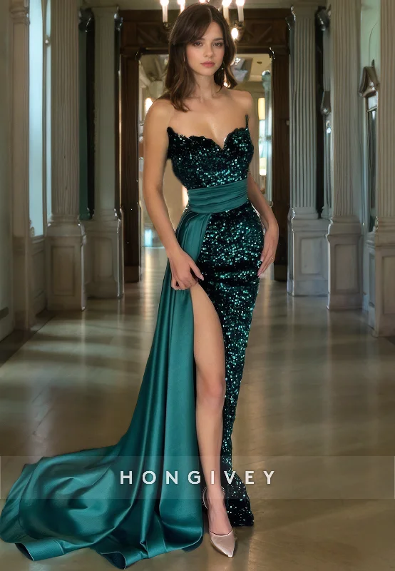 Evening dress with trumpet silhouette-L0943 - Sequins Stain Paneled Sparkly High Slit With Train Party Evening  Prom Dress