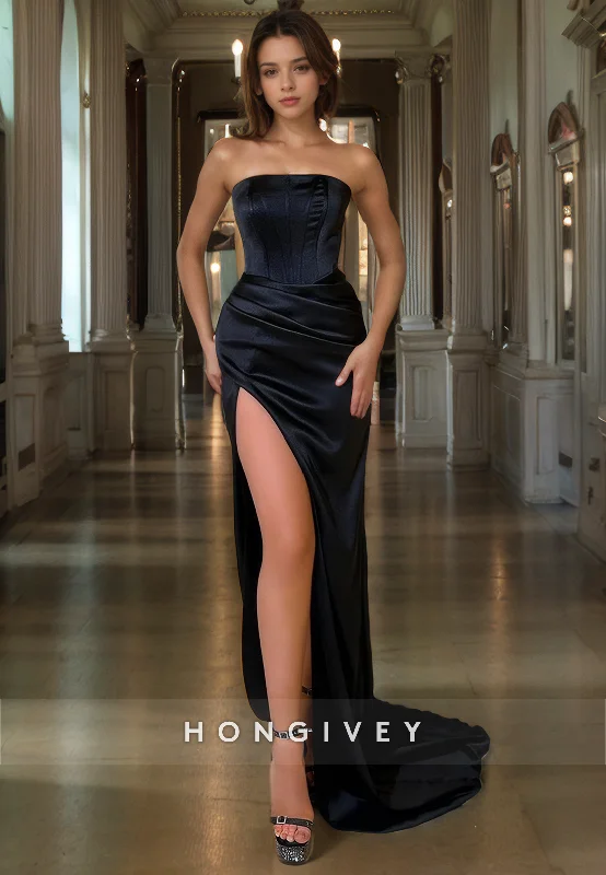 Evening dress with illusion back-L0952 - Simple Strapless High Slit With Train  Evening Party Prom Dress