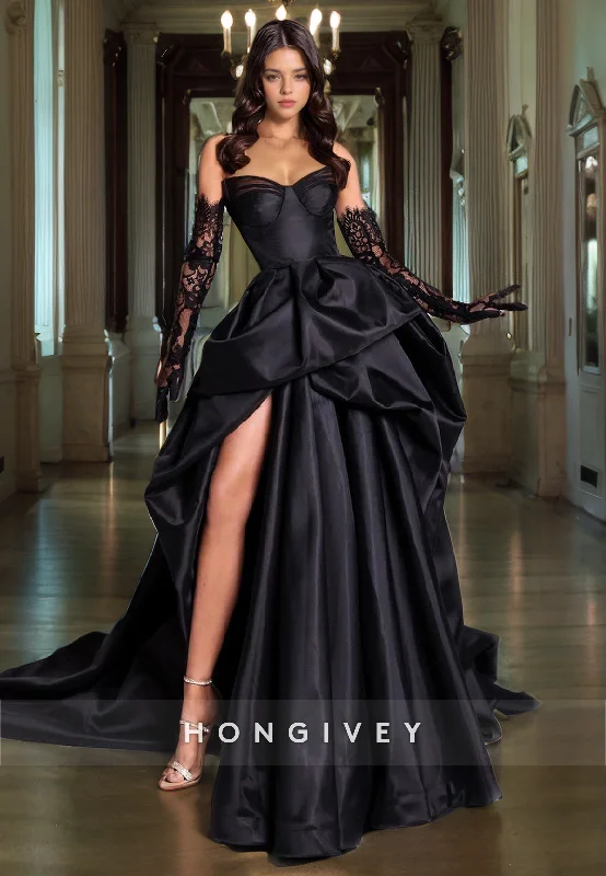 Evening dress with sheer sleeves-L0982 -Sexy Ornate Illusion Lace Sleeves Strapless With Train and High Slit Prom Formal Evening Party Dress