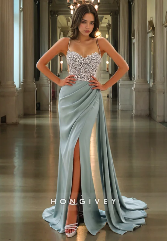 Evening dress with metallic thread-L1099 - Crystal Beaded Illusion Ruched With Train And Slit Evening Formal Party Prom Dress