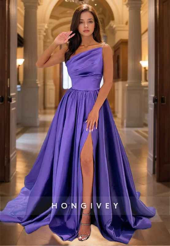 Evening dress with bow belt-L1261 - Asymmetrical Ruched With Train And Slit Prom Formal Party Evening Dress