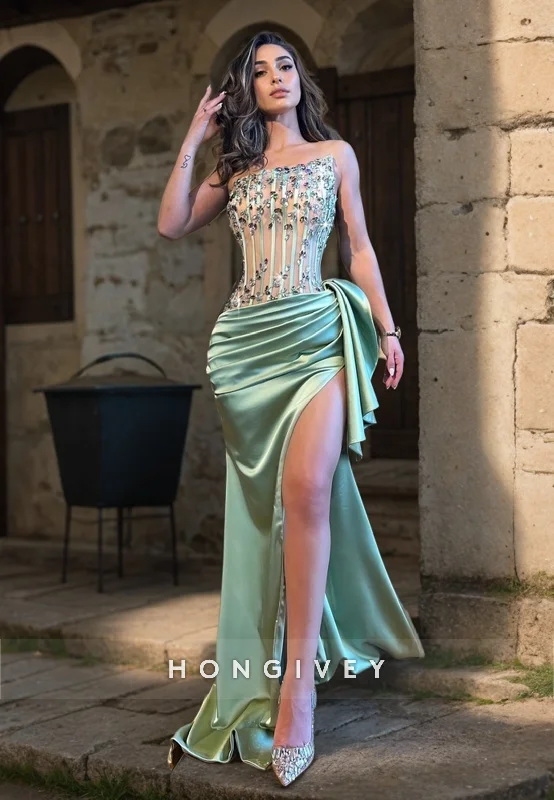 Evening dress with fishtail-L1268 - Crystal Beaded Strapless With Train And Slit Evening Prom Formal Party Dress