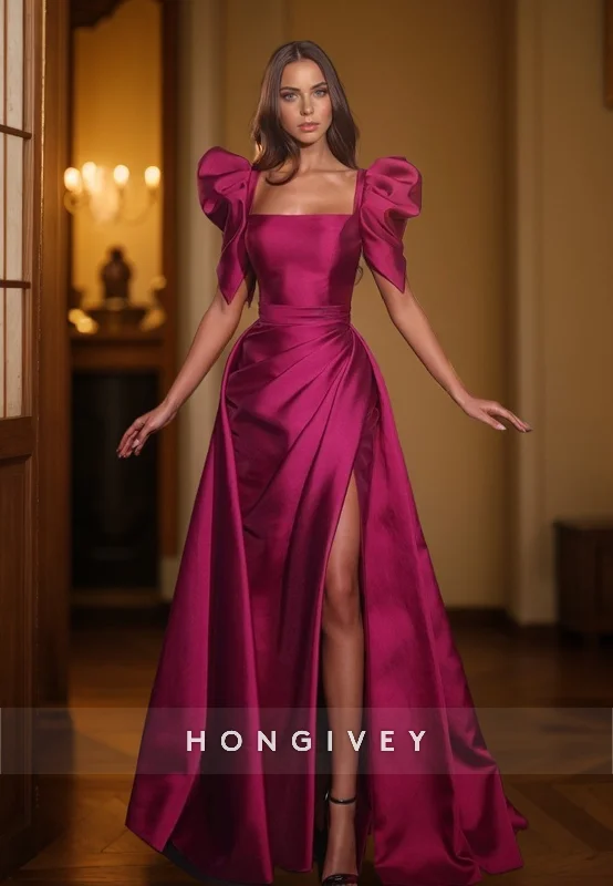 Evening dress with asymmetrical hem-L1350 - Elegant & Luxurious Square Puff Sleeves Gown With Slit Party Prom Evening Dress