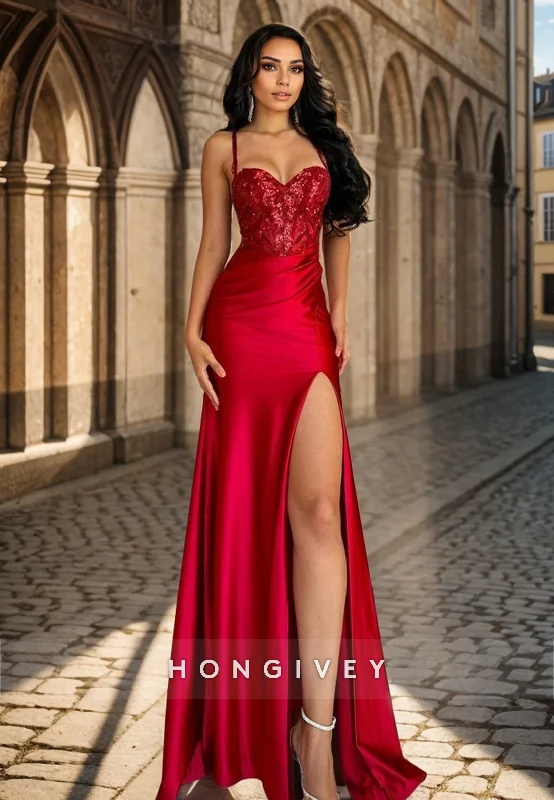 Evening dress with pleated skirt-L1374 - Sexy Red Sweetheart Spaghetti Straps Sequins With Side Slit Party Prom Evening Dress