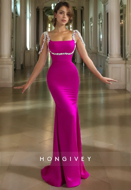 Two-piece evening dress-L1527 - Sexy Fitted Satin Square Beaded Spaghetti Straps Empire Party Prom Evening Dress