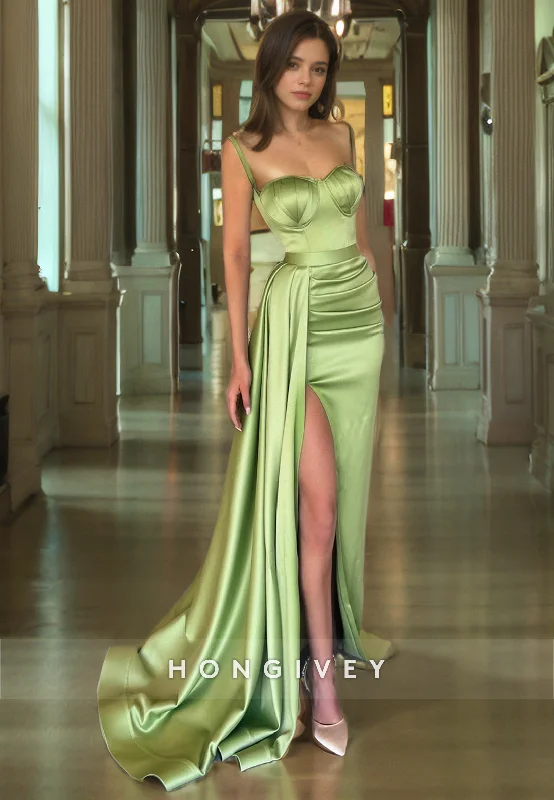 Sleeveless evening dress-Sexy Satin Sweetheart Spaghetti Straps Empire Pleats With Train Party Prom Evening Dress