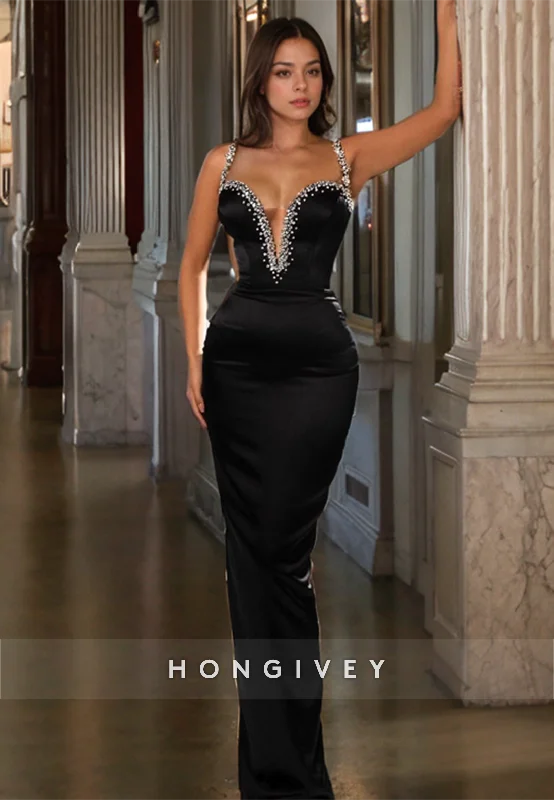 Metallic evening dress-Sexy Satin Fitted Plunging V-Neck Spaghetti Straps Empire Beaded Party Prom Evening Dress