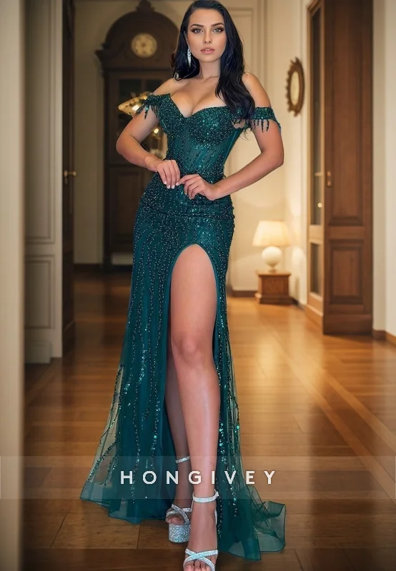 Evening dress with mermaid style-L2957 - Chic Trumpet Off-Shoulder Beaded With Side Slit  Prom Dress