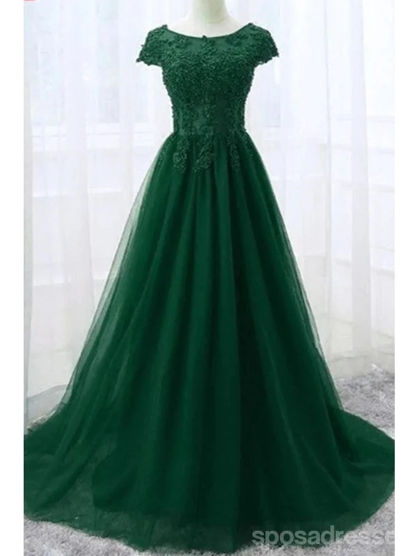 Off-white evening dress-Emerald Green A-line Short Sleeves Jewel Cheap Long Prom Dresses,12884