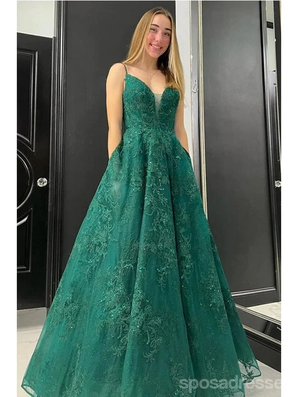 Evening dress with chiffon-Emerald Green A-line Spaghetti Straps V-neck Cheap Long Prom Dresses,12857