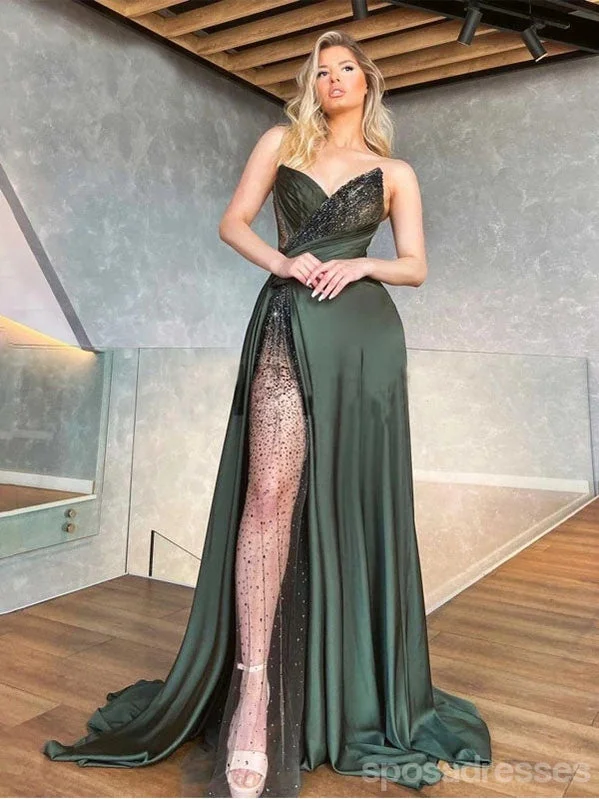 Evening dress with off-shoulder-Emerald Green A-line Sweetheart High Slit Cheap Long Prom Dresses,12944