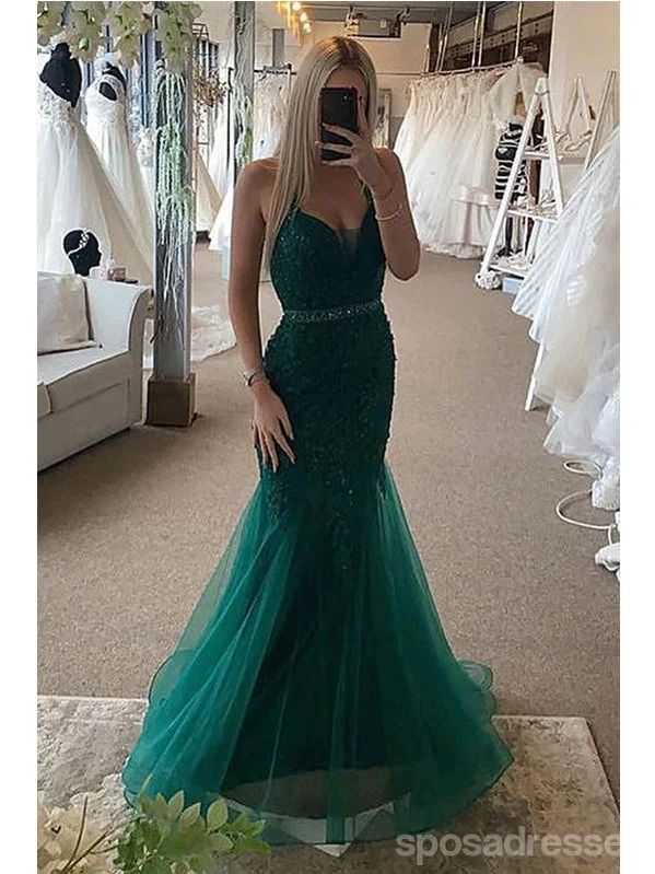 Evening dress with beaded bodice-Emerald Green Mermaid Spaghetti Straps V-neck Cheap Long Prom Dresses,12862