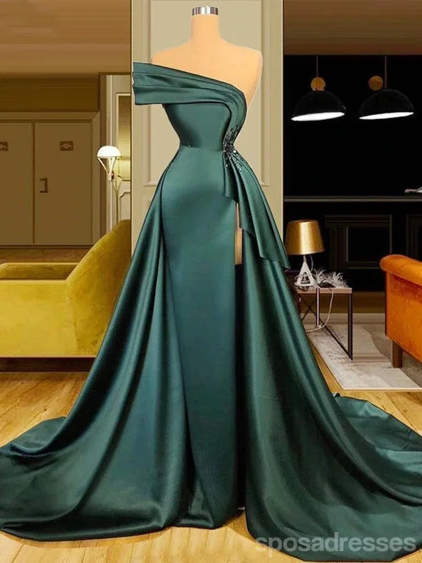 Evening dress with satin-Emerald Green Mermaid Sweetheart High Slit Cheap Long Prom Dresses,12898