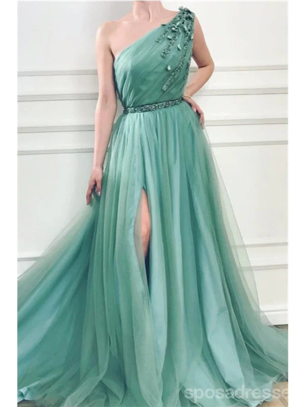 Evening dress with bow belt-Green A-line One Shoulder High Slit Cheap Long Prom Dresses Online,12860