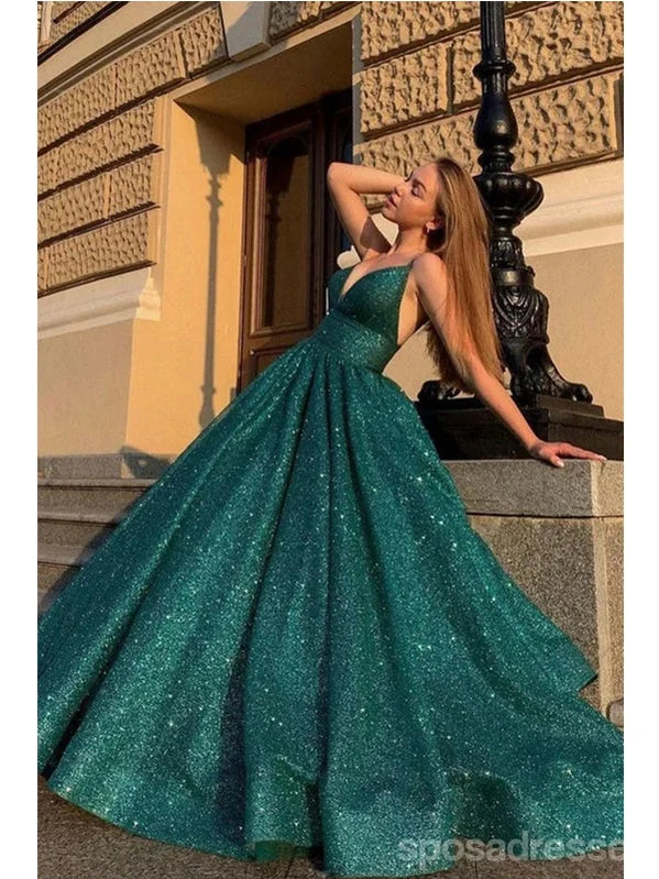 Evening dress with embroidered flowers-Green A-line Spaghetti Straps V-neck Cheap Long Prom Dresses,12853