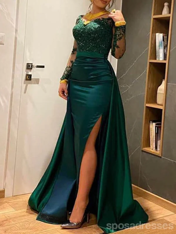 Evening dress with A-line-Green Mermaid Long Sleeves High Slit Cheap Long Prom Dresses,12936