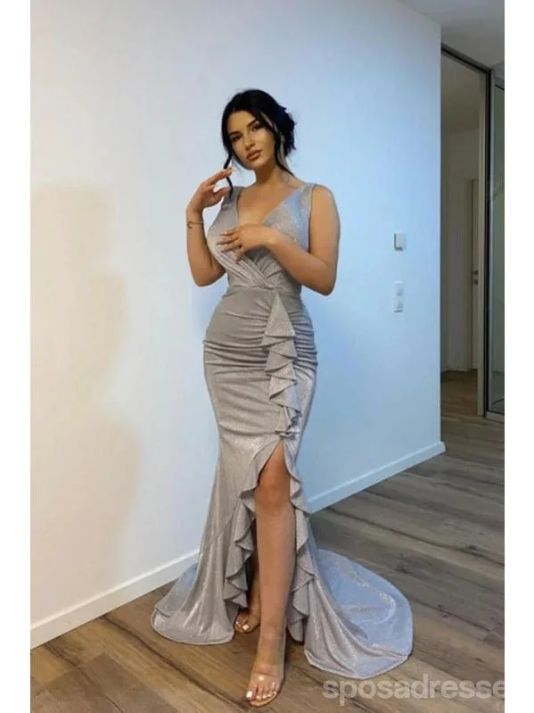 Sleeveless evening dress-Grey Mermaid V-neck High Slit Cheap Long Prom Dresses Online,12877